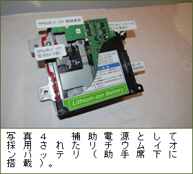 写真４　補助電源として採用されたリチウムイオンバッテリ（助手席下に搭載）。